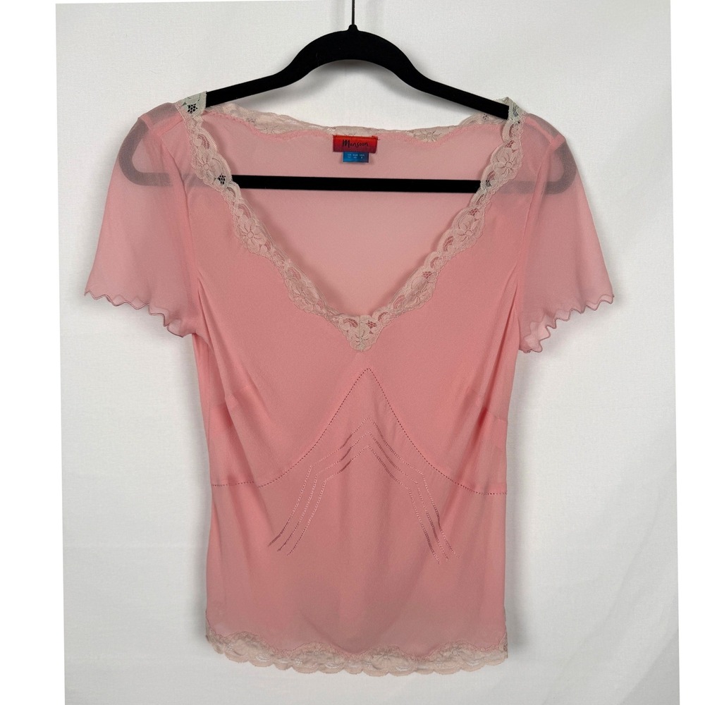 Vintage Y2K Monsoon Pink Sheer Lace Fairy Lingerie Top Blouse Size 8 Medium